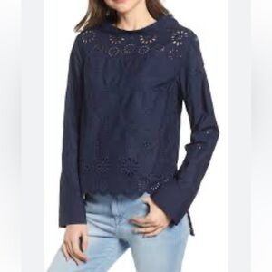 J Crew Navy Blue High Low Eyelet Blouse